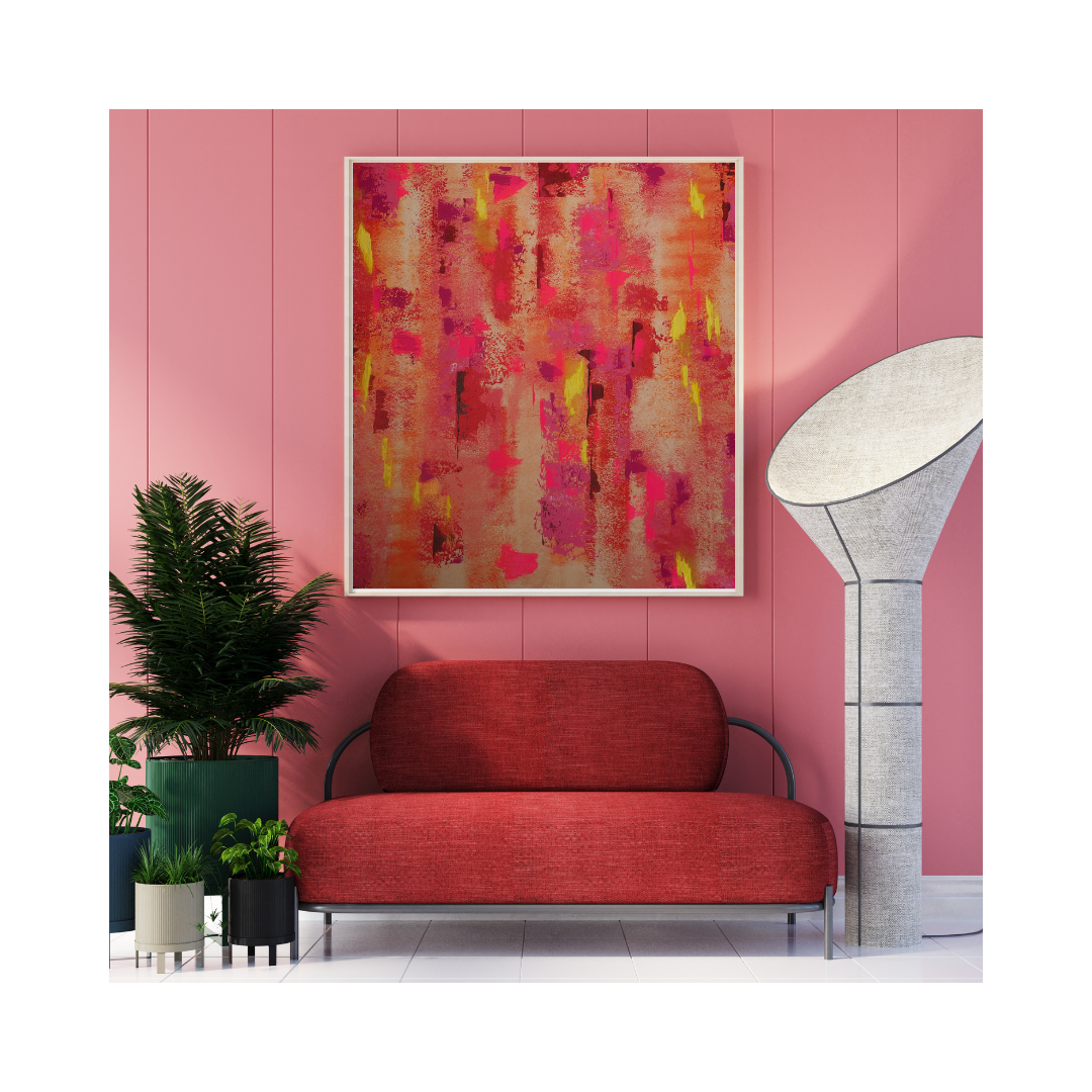 Ein modernes Wohnzimmer mit einem roten Sofa, grünen Topfpflanzen für Wachstum, einer großen weißen Stehlampe und dem Originalen Kunstwerk „Lebensbaum“ von maridy art in Rot, Rosa und Gelb an einer rosa getäfelten Wand.
