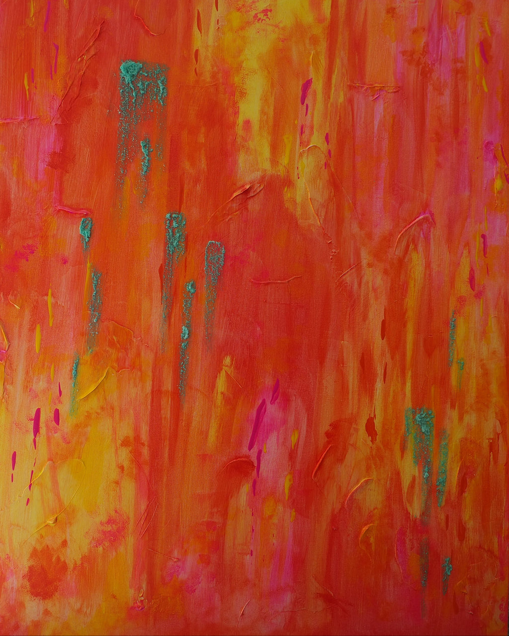 Originales Kunstwerk „Feuerwerk“ von maridy art: Abstraktes Gemälde mit lebendigen Rot-, Orange- und Gelbtönen, Teal- und Pinkakzenten. Die dynamische, vielschichtige Textur erzeugt eine energetische Explosion von Farben.
